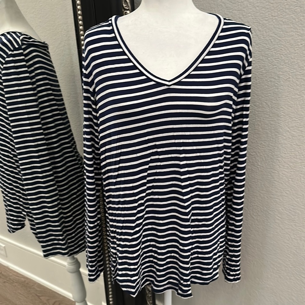 Halogen Long Sleeve Super Soft Tee Shirt Tunic Navy White Striped Size Large